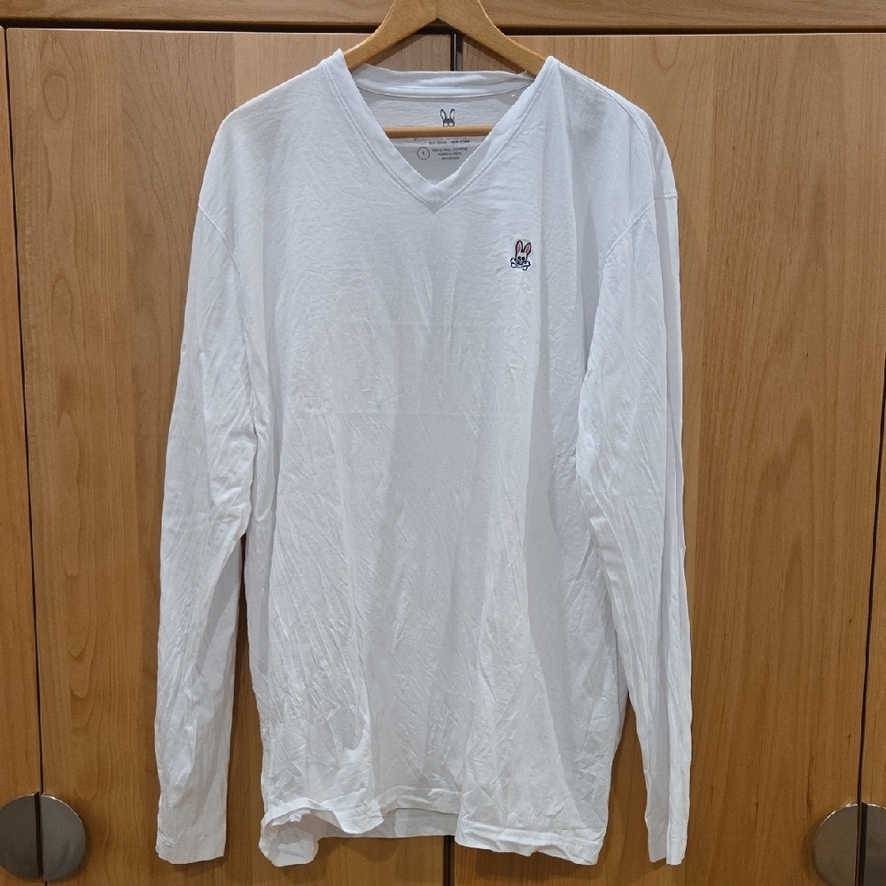 Psycho Bunny White Long Sleeve V-Neck Tee, VGUC, Made In Peru